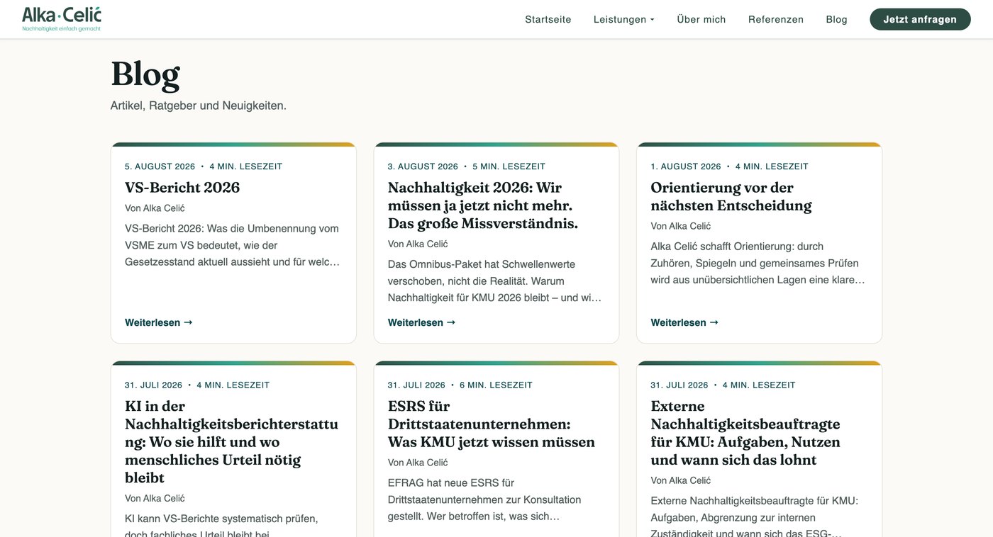 The Alka Celić blog on ShiftPress: a grid of ESG article cards with dates and reading times, published within a week of launch