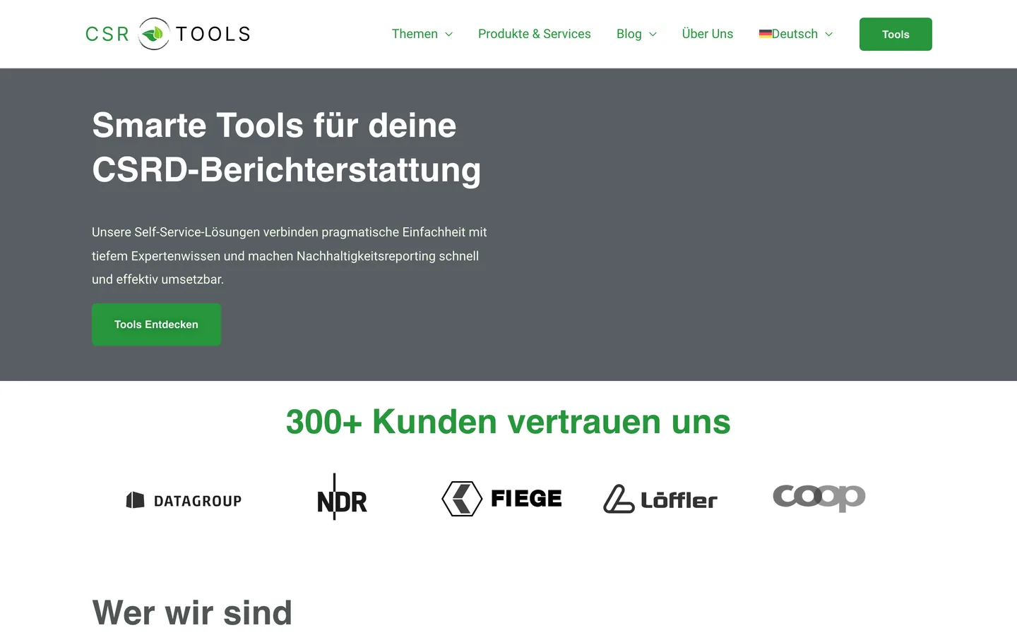 Alte CSR-Tools-WordPress-Startseite: ein flacher grauer Hero-Block