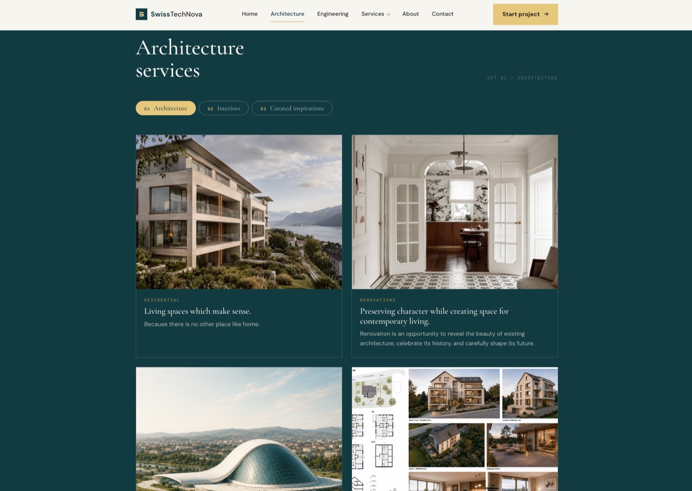 SwissTechNova architecture services page with project photography and a clean editorial layout