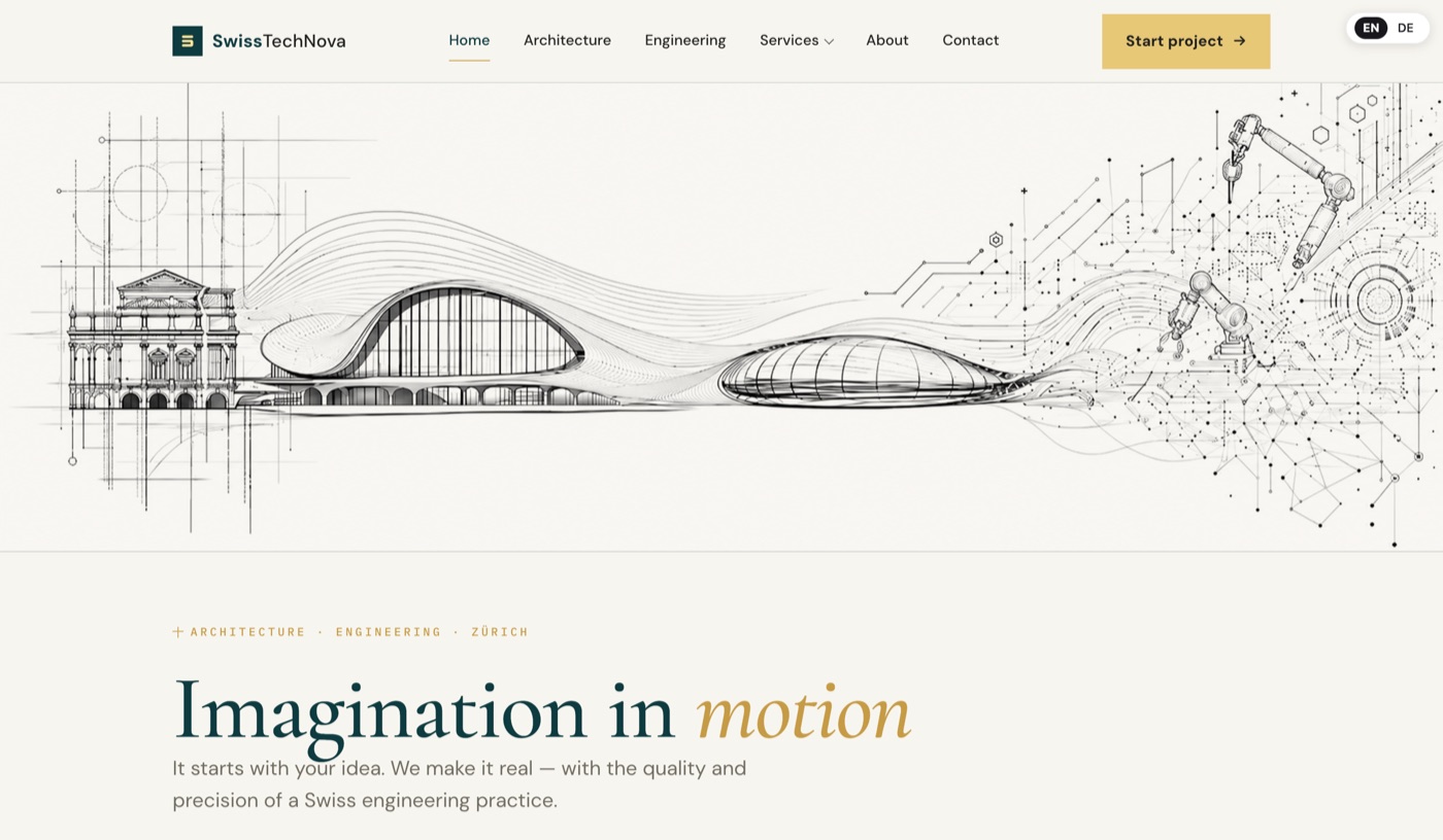 SwissTechNova home page rebuilt with ShiftPress: an architectural line-drawing hero and the headline Imagination in motion