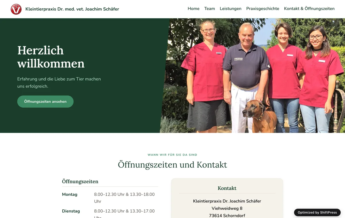 New veterinary practice home page: a warm green hero with the team photo and a clear call to action